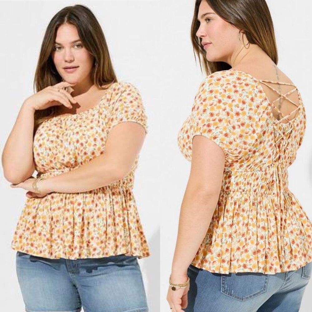 torrid Yellow Floral Lace-Up Peplum Top